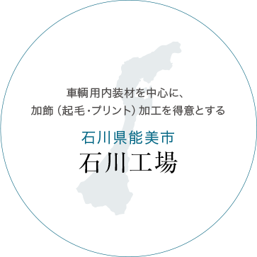 車輌用内装材を中心に、加飾（起毛・プリント）加工を得意とする　石川県能美市 石川工場